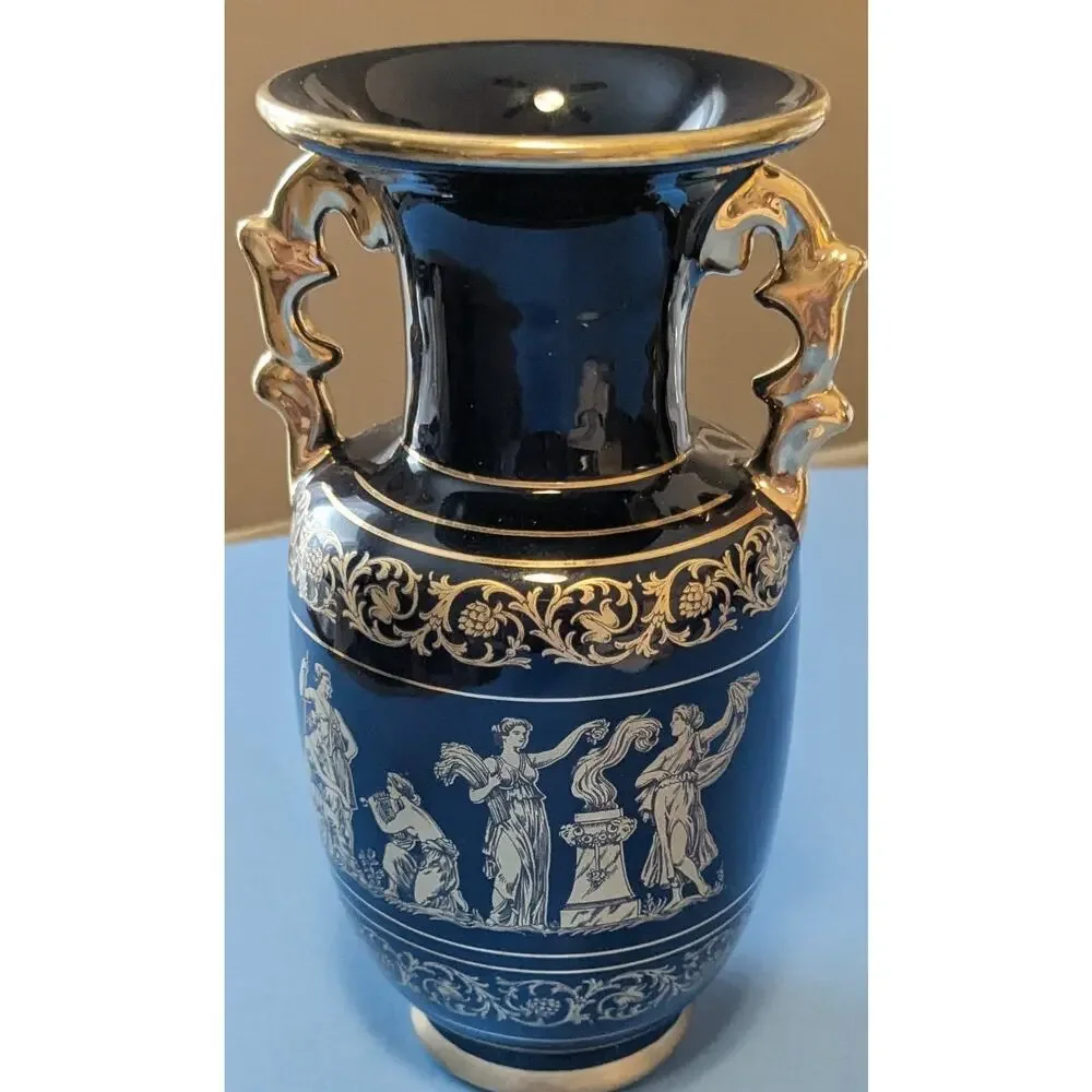 Vintage Spyropoulos Greek Vase Cobalt Blue 24K Gold Handmade Greece Mythology 7